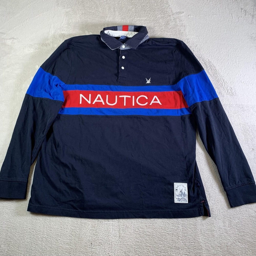 Nautica Blue Sail Polo Shirt Mens XL Navy Long Sleeve Rugby Colorblock Logo